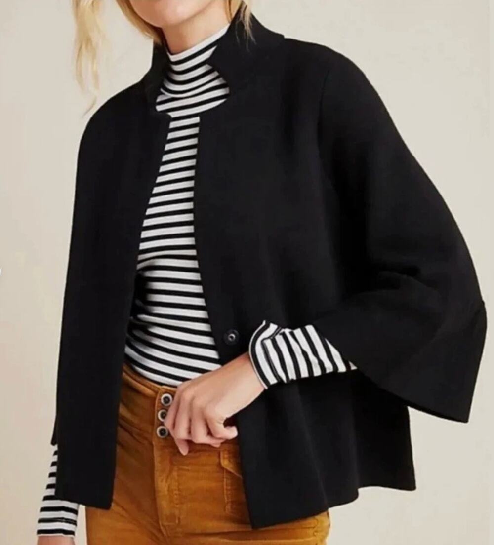 Anthropologie Blaise Black Snap Front Jacket Bell Sleeve Ponte Knit Blazer XS